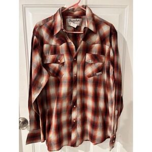 Vintage Wrancher by Wrangler Mens XL Red Plaid Western Pearl Snap Shirt Tinsel